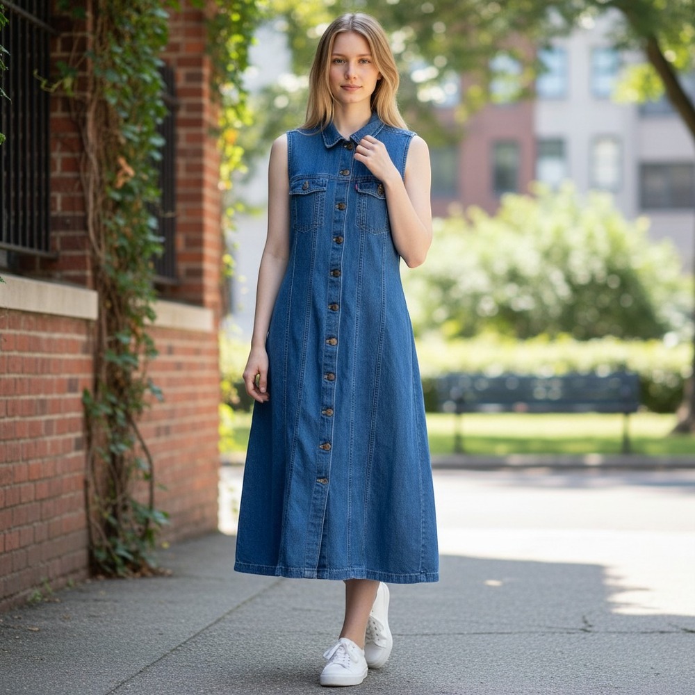 Levi's Dress Women Large Blue Denim Sleeveless Button Front Midi Shirt Dress